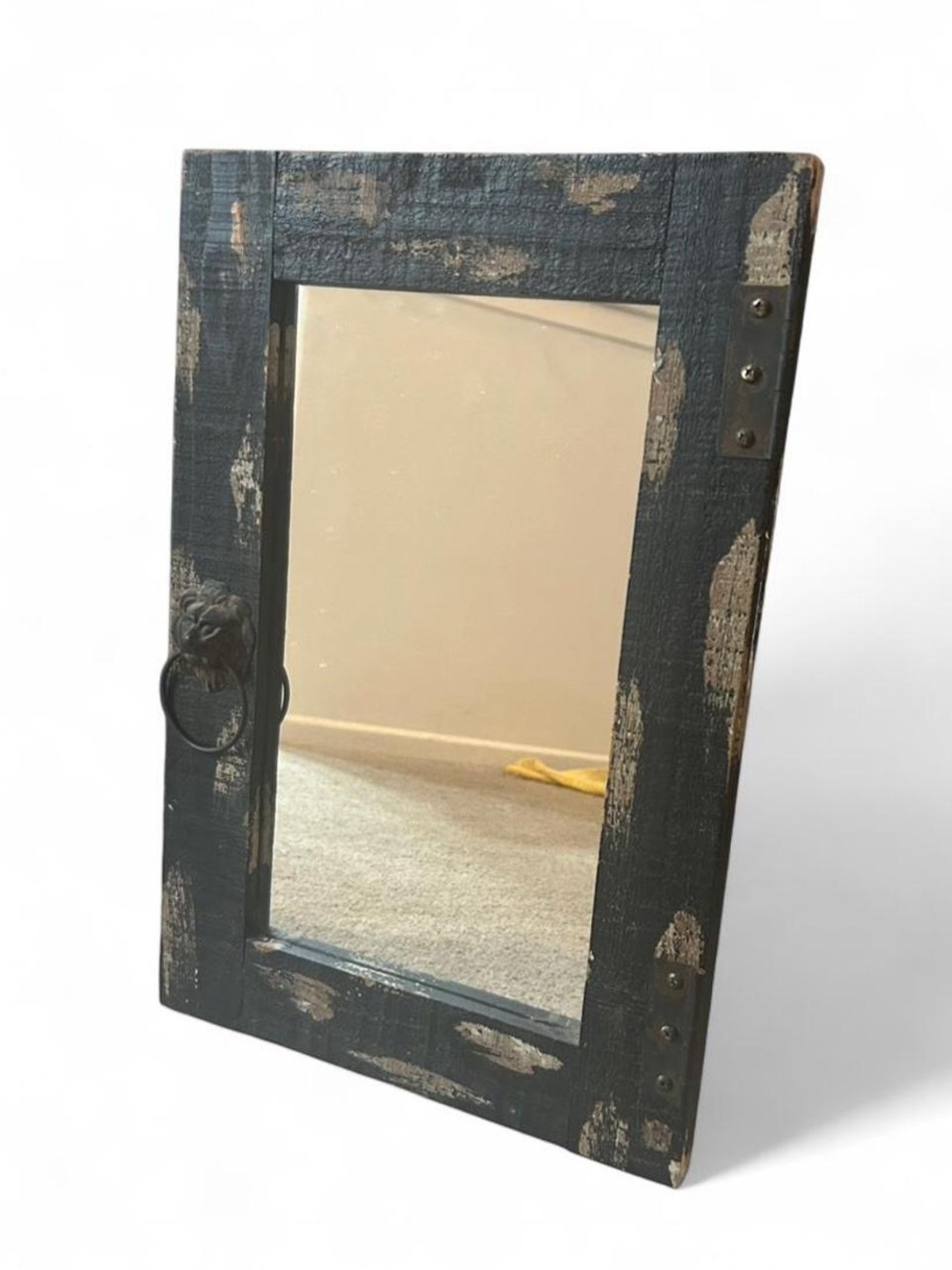 Rustic Gothic Distressed Black Wood Wall Mirror 21" x 14" Lion Head Door Knocker